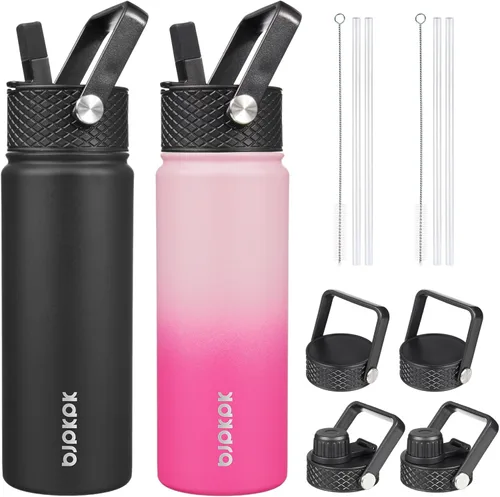 Miniatura 10 de BJPKPK Paquete de 2 botellas de agua aisladas con tapas con pajita, botella de agua de metal de acero inoxidable de 18oz con 6 tapas, jarras a