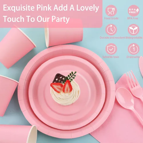 Miniatura 3 de 168 Piezas Platos y Servilletas de Papel Rosa Claro, Juego de Platos Desechables Rosa con Utensilios Sirve 24 Invitados para Baby Shower Graduación