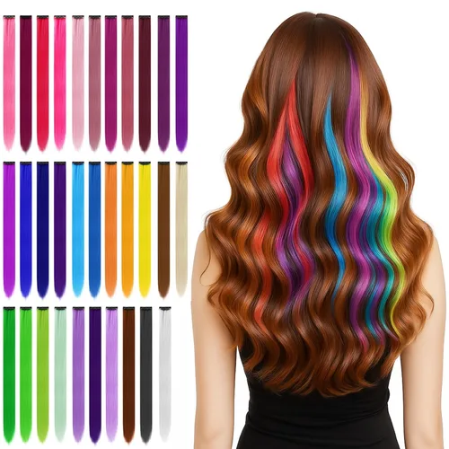 Miniatura 9 de 12 extensiones de cabello con pinza de colores de 20 pulgadas arcoíris largas y lacias de BEAHOT, piezas de cabello sintético para clip, disfraz