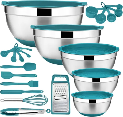 E-far - Juego de 22 tazones para mezclar con tapas y accesorios color verde azulado, cuencos anidables de acero inoxidable con tapas y parte Azul