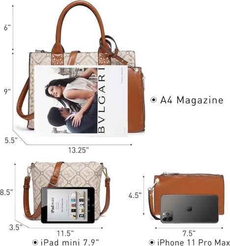 Miniatura 3 de Dasein - Bolsos y carteras de mano para mujer, set de bolso tipo bandolera con asa superior, 3 piezas Beige monograma