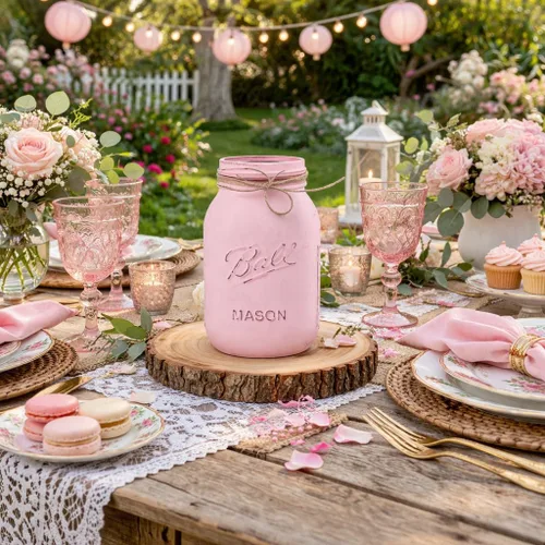 Miniatura 7 de Tarro rosa para centros de mesa, pintado a mano, cuarto de galón envejecido de 32 onzas, 7 pulgadas de alto, centro de mesa rústico de baby shower