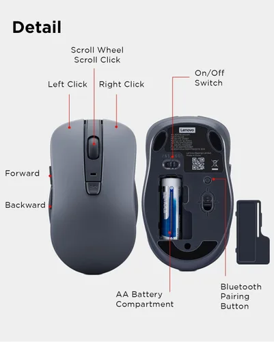 Miniatura 7 de Lenovo Ratón recargable USB-C silencioso (WL500) - Botones silenciosos, recargable USB-C, agarre ambidiestro, DPI ajustable - Receptor