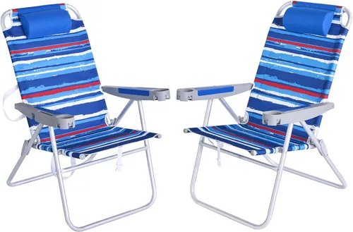 Miniatura 8 de SUNNYFEEL Silla de Playa Plegable Extra Ancha de 28", 5 Posiciones Completamente Reclinable, Silla de Camping Portátil de 17" de Alto con Portavasos