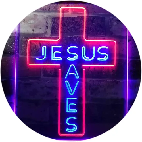 ADVPRO Placa de pared con diseño de Jesús salva cruz, regalos de inauguración de la casa, letrero de neón LED de doble color, azul y rojo, 8.5 x 12
