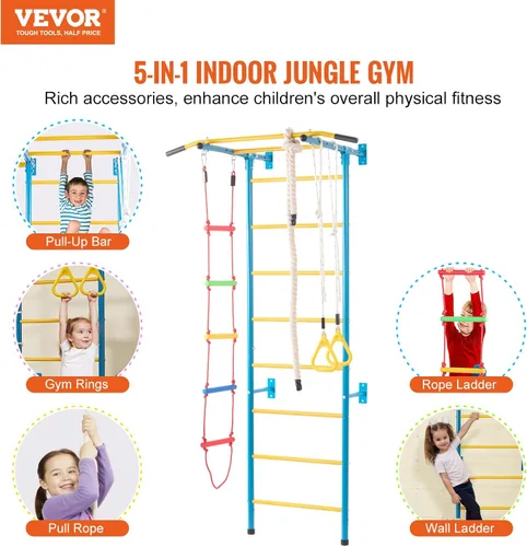 Miniatura 2 de VEVOR Gimnasio interior de la selva para niños pequeños, juego de escalada 5 en 1 con escalera sueca de acero al carbono, escalera de pared, barra