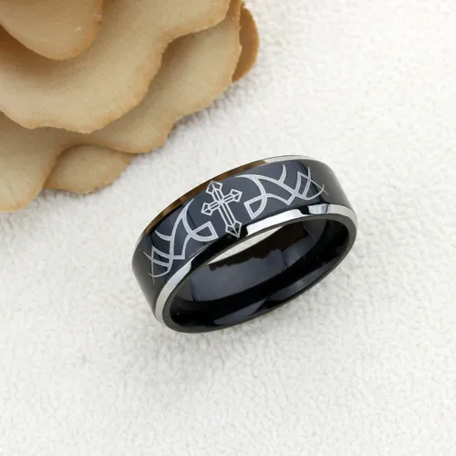 Miniatura 2 de Prime Pristine Anillo de boda de titanio con grabado gratuito, ajuste cómodo, 0.315in, espina con cruz negra