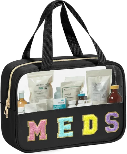 Miniatura 8 de BuyCard Bolsas de Viaje Transparentes con Parche de Letra de Chenilla, Bolsa de Maquillaje Preppy de PVC y Nylon con Asa y Cremallera, Bolsa