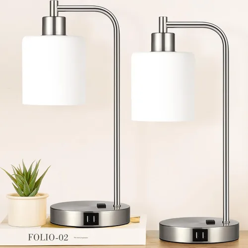 Miniatura 15 de Juego de 2 lámparas de mesa con control táctil industrial - Lámparas de mesita de noche en níquel cepillado con 2 puertos USB y enchufe de CA