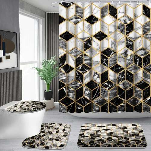 Miniatura 16 de Poedist Juego de 4 cortinas de ducha de baño, juegos de baño con alfombras (tapete de baño, forma de U y tapa de inodoro) y 12 ganchos, mármol
