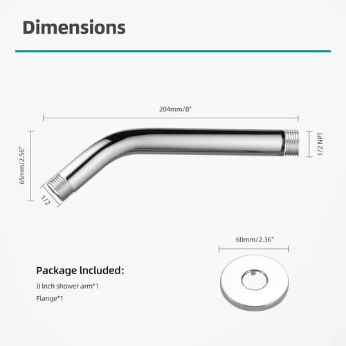 Miniatura 5 de Cobbe Brazo de ducha con brida y cinta de teflón, brazo de ducha montado en la pared de 8 pulgadas, extensión de acero inoxidable 304 para cabezal