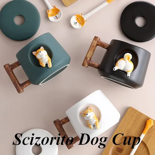 Miniatura 2 de Taza de Pareja de Perros Linda, Taza de Café de Cerámica con Tapa, Patas en la Parte Superior de la Cuchara, Bonito Diseño Tridimensional de Shiba