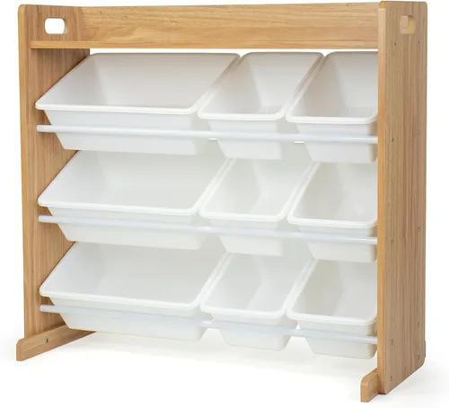 Humble Crew Organizador de almacenamiento de juguetes con estante superior y 9 contenedores extraíbles, natural/blanco, estantería para niños Madera