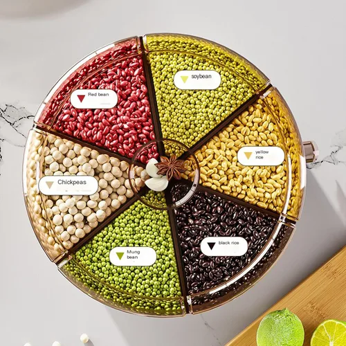 Miniatura 3 de Dispensador de granos, dispensador de alimentos secos giratorio de 360 grados con 6 compartimentos, salida de un solo clic, dispensador de granos
