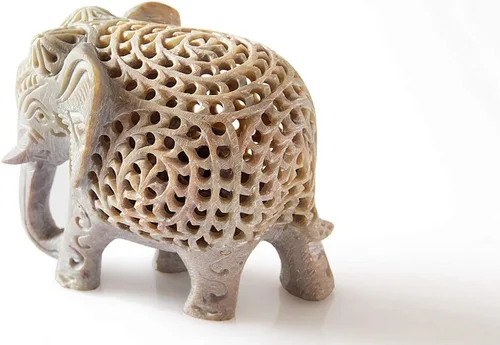 Miniatura 2 de Figura de esteatita de elefante de la suerte con elefante en estatua del vientre, 4 pulgadas, hecha a mano en Jali o calado de un solo bloque