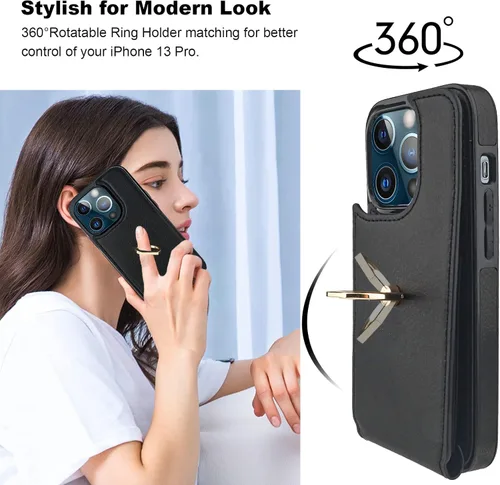 Miniatura 3 de Folosu Funda compatible con iPhone 13 Pro con soporte para tarjetas, rotación de 360°, soporte de anillo de dedo con función atril, protección RFID