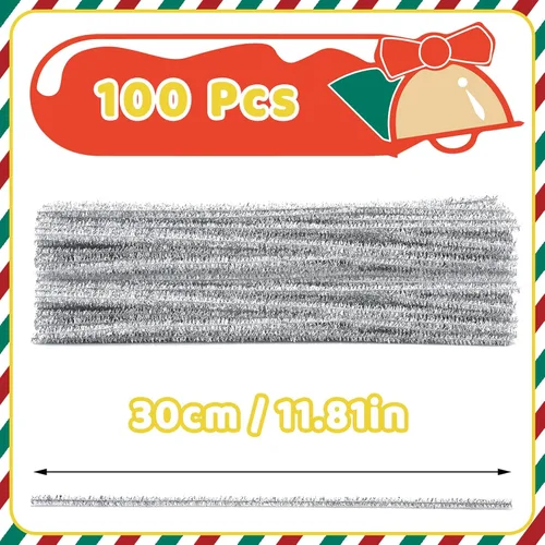 Miniatura 2 de Hssugi Limpiapipas plateadas, 100 piezas de limpiadores de pipas para manualidades, limpiadores de pipas dorados con purpurina a granel