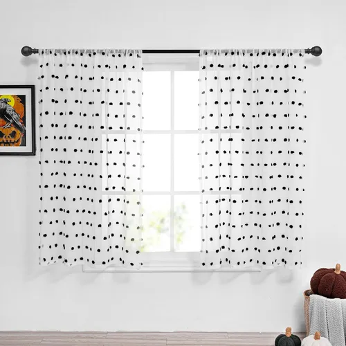 Miniatura 2 de MYSKY HOME Cortinas transparentes negras con pompones de 45 pulgadas, 2 paneles, 52"W x 45"L, dormitorio, cocina, cuarto de bebé, bolsillo para Pom