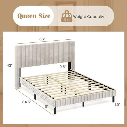 Miniatura 2 de Giantex Base de cama de terciopelo tamaño Queen, plataforma tapizada con cabecera vertical copetuda, base de colchón de soporte de listones