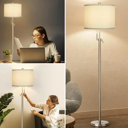 Miniatura 6 de Lámpara de pie de níquel cepillado para sala de estar, lámpara de pie de altura ajustable con base de metal, luz de poste alto con pantalla gris