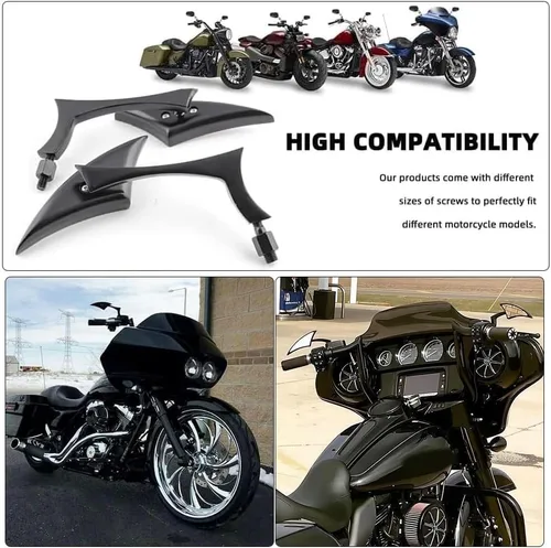 Miniatura 3 de Espejos de motocicleta en forma de murciélago negro, espejos retrovisores de motocicleta actualizados compatibles con Harley Road King, Sportster