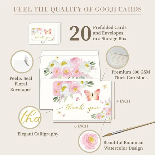 Miniatura 2 de Gooji Tarjetas de agradecimiento florales de color rosa mariposa 4 x 6 con sobres a granel (paquete de 20 sobres a juego), acuarela, fiesta