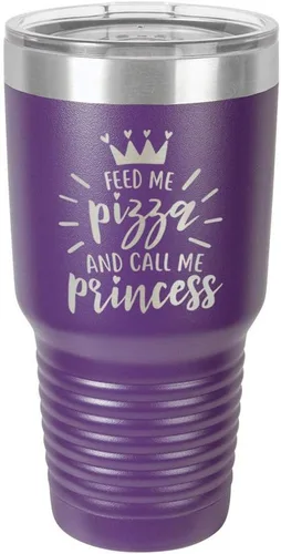 Miniatura 19 de Vaso grabado con pajita y tapa superior deslizante de acero inoxidable para viaje con texto en inglés "FEED ME PIZZA AND CALL ME PRINCESS