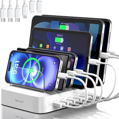 MSTJRY Estación de carga para múltiples dispositivos: estaciones de carga USB de 6 puertos - Base de carga organizadora familiar para múltiples