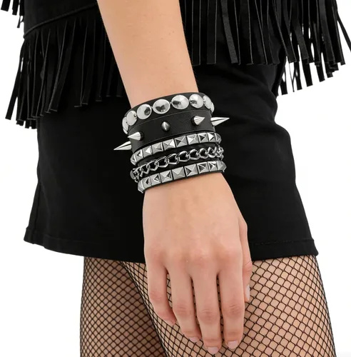 Miniatura 5 de 3PCS Leather Bracelets Set Studded Wrap Wrist Cuffs Punk Rock Y2K Emo Wide Wristband Accessories for Teens Women Men