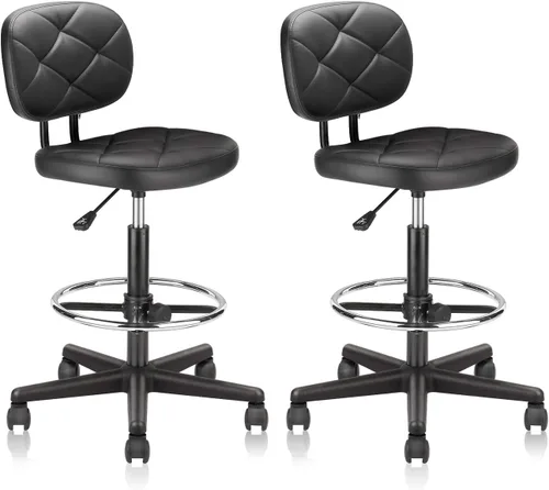 KLASIKA Taburete alto con ruedas de dibujo con soporte de respaldo bajo y anillos ajustables para reposapiés, juego de 2 sillas de escritorio negro