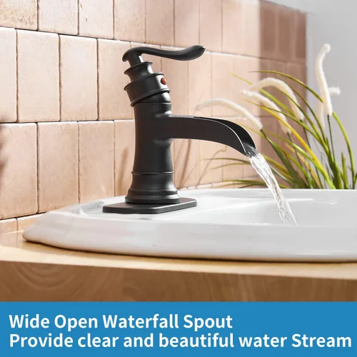 Miniatura 4 de BWE Grifo de baño en cascada negro mate con drenaje desplegable con placa de cubierta de una sola manija para tocador de 1 o 3 agujeros, grifo
