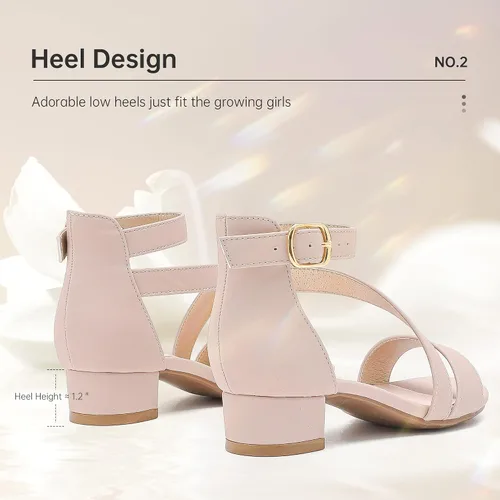 Miniatura 4 de Sandalias para niñas, tacones para niños, puntera abierta, correa al tobillo, zapatos de vestir, flores para boda, fiesta para niños pequeños