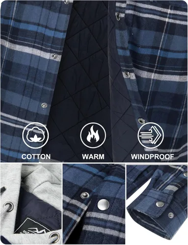 Miniatura 4 de TACVASEN Chaqueta de franela para hombre con capucha, camisas de franela gruesa a cuadros acolchadas, forro de manga larga, abrigo de algodón