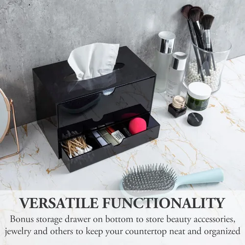 Miniatura 2 de MyGift Organizador de cosméticos de acrílico negro premium y cubierta de caja de pañuelos con cajón de almacenamiento de maquillaje extraíble