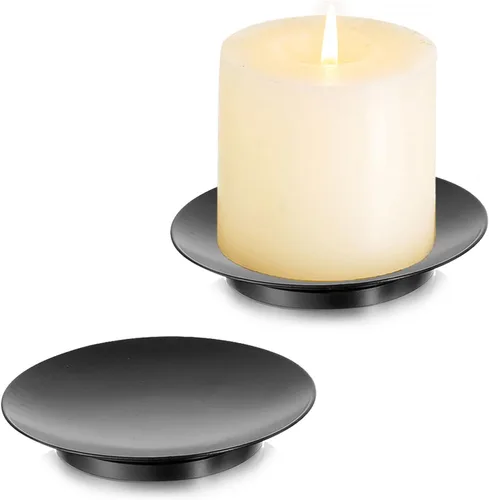 Romadedi Portavelas de Placa de Hierro – Portavelas Negros para Velas de Pilar, Juego de 2 Bandejas Pequeñas para Velas Portavelas de Pilar de Metal
