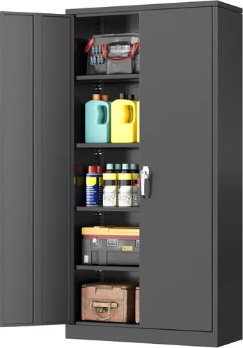 Miniatura 24 de INTERGREAT Armario de almacenamiento de metal para garaje, armario de almacenamiento con cerradura de 36 pulgadas con 2 puertas y 2 estantes Negro