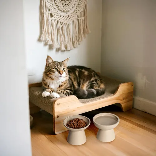 Miniatura 5 de CEEFU 2 cuencos elevados para gatos extra anchos para comida y agua – Fatiga bigotes, plato ancho de cerámica poco profundo, sin plomo ni cadmio