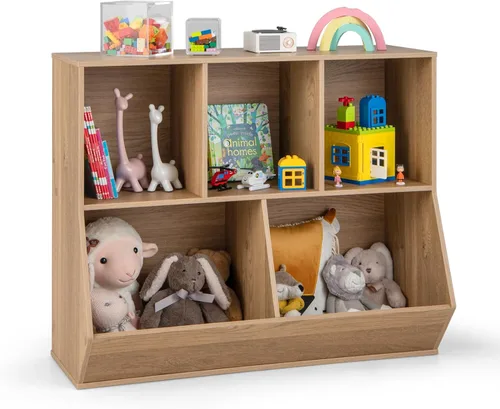 Costzon Organizadores de juguetes y almacenamiento con estantería para libros, estante de libros infantiles de madera de 5 compartimentos, gabinete