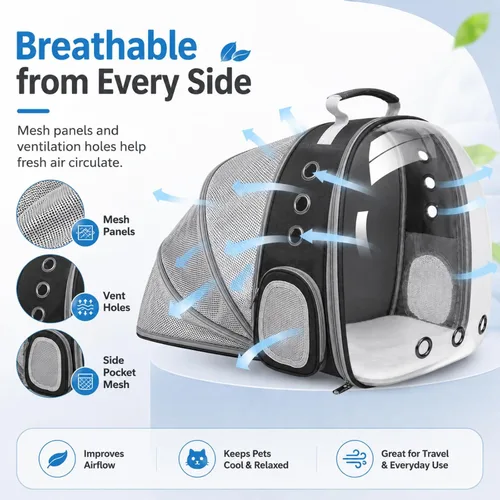 Miniatura 4 de Mochila expandible para gatos y perros, mochila de viaje para mascotas con ventana de burbujas con malla transpirable, estructura anticolapso, Negro