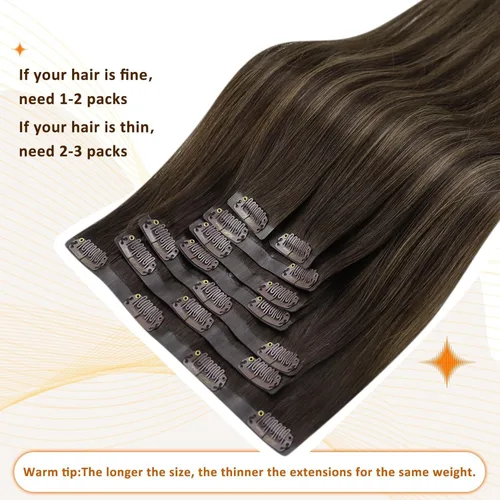 Miniatura 8 de Full Shine Extensiones de cabello humano real con clip, sin costuras, de 22 pulgadas, balayage a marrón claro con rubio caramelo, cabello lacio