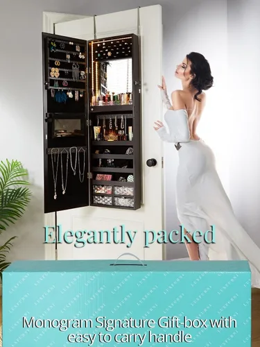 Miniatura 5 de Luxfurni - Joyero con espejo y 79 luces LED, gabinete para colgar en la pared o en la puerta, organizador con cerradura y cajones - Marrón