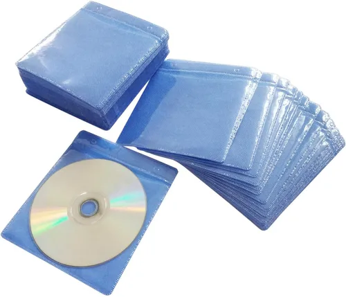 Miniatura 2 de Paquete de 100 fundas de alta calidad para CD y DVD, material grueso no tejido de doble cara para almacenamiento de CD y DVD, estuche de disco (azul)