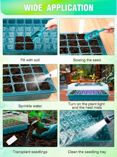 Miniatura 7 de Bandeja de inicio de semillas con luces de crecimiento y tapete térmico, medidor de suelo 3-en-1, bandeja de cultivo de semillas de 80 celdas
