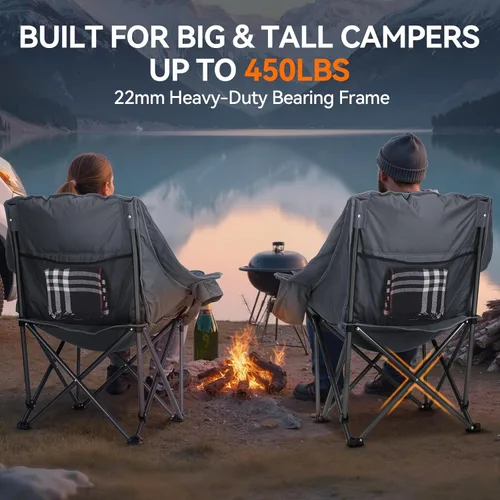 Miniatura 5 de Huskfirm Paquete de 2 sillas de campamento acolchadas de gran tamaño, sillas de campamento plegables de alta resistencia con portavasos y bolsa Gris