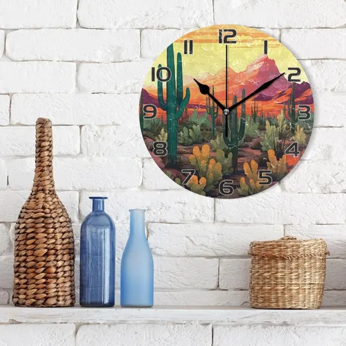 Miniatura 3 de Kigai Reloj de pared de cactus del desierto, silencioso sin tictac, funciona con pilas, reloj redondo para cocina, oficina, escuela, hogar decorativo