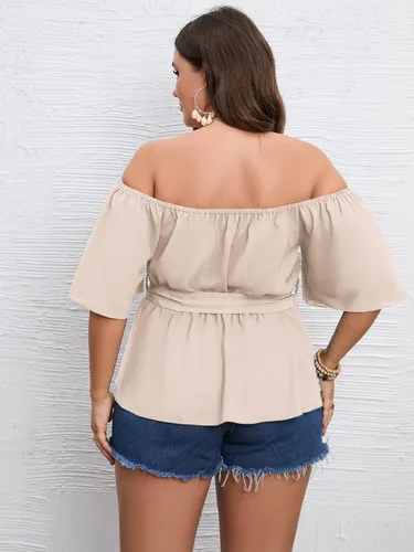 Miniatura 6 de SCOMCHIC Blusa peplum con hombros descubiertos para mujer, talla grande, media manga acampanada, cintura con lazo en la cintura, dobladillo