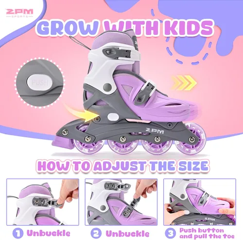 Miniatura 4 de 2PM SPORTS Patines en línea para niños y niñas de 4 a 8, 6 a 12 años, con ruedas iluminadas, cuchillas ajustables para niños y jóvenes principiantes