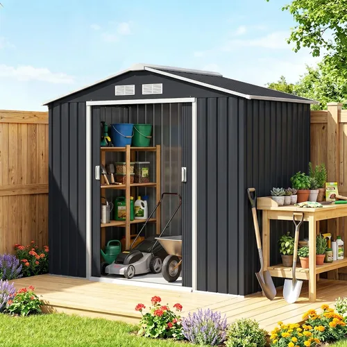 Miniatura 14 de Outsunny Cobertizo de almacenamiento exterior de 11' x 13', cobertizo de metal para herramientas de jardín con kit de cimentación, puerta con doble