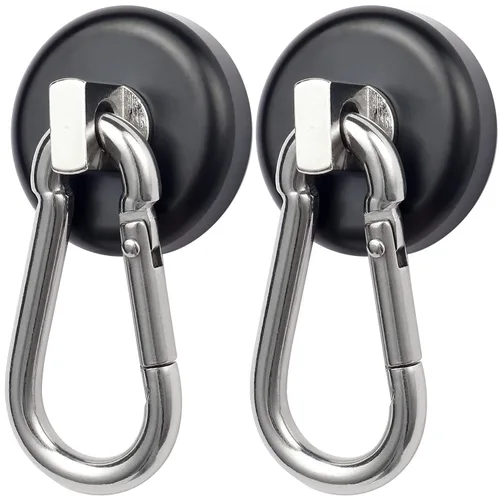 WELLZEER Ganchos magnéticos de 100 libras, ganchos magnéticos negros con mosquetón giratorio para colgar refrigerador, fuerte imán de neodimio