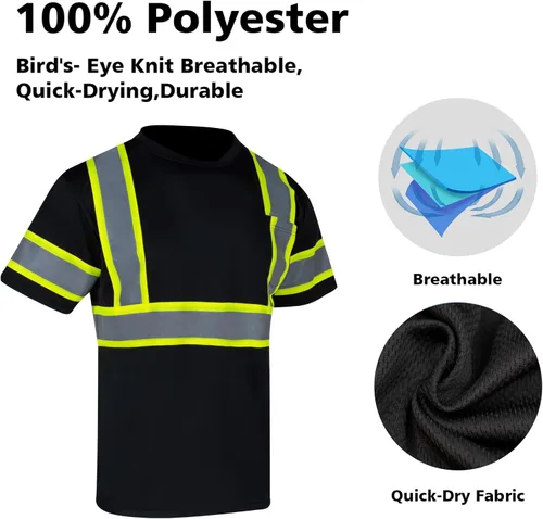 Miniatura 5 de VENDACE Camiseta de seguridad de alta visibilidad Clase 2 para hombre, camisa de manga corta reflectante ANSI con parte inferior negra (negro, M)